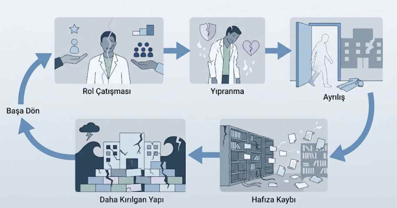Kapalı döngü diyagramı: Rol Çatışması, Yıpranma, Ayrılış, Hafıza Kaybı, Daha Kırılgan Yapı ve tekrar başa dönüş